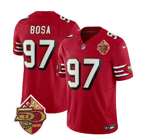 Men's San Francisco 49ers #97 Nick Bosa Red 2023 F.U.S.E. 50th Patch Throwback Football Stitched Jersey